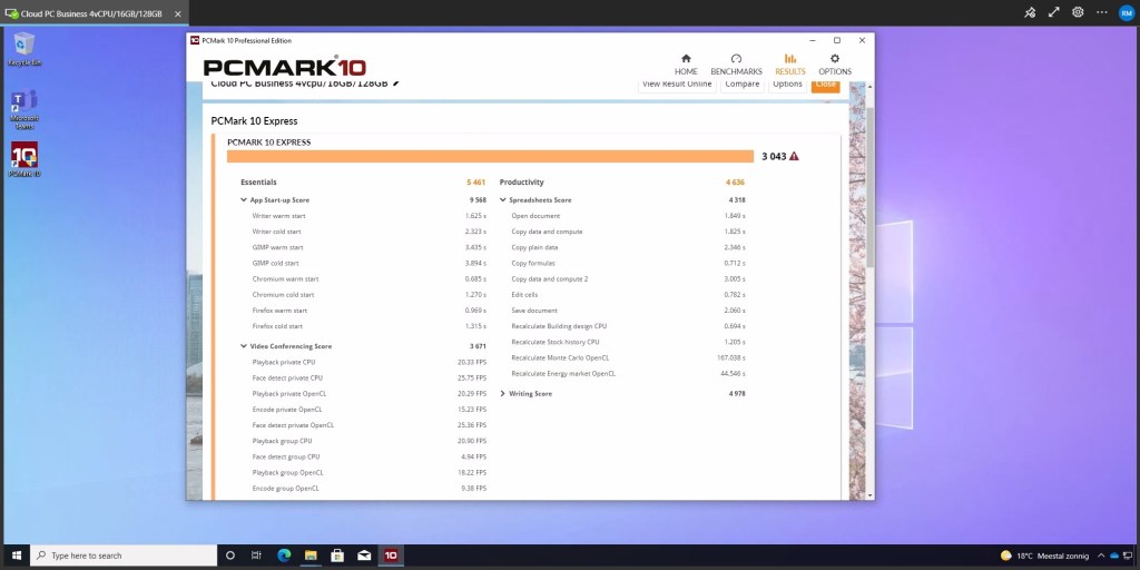 PCMARK10 Testing screen