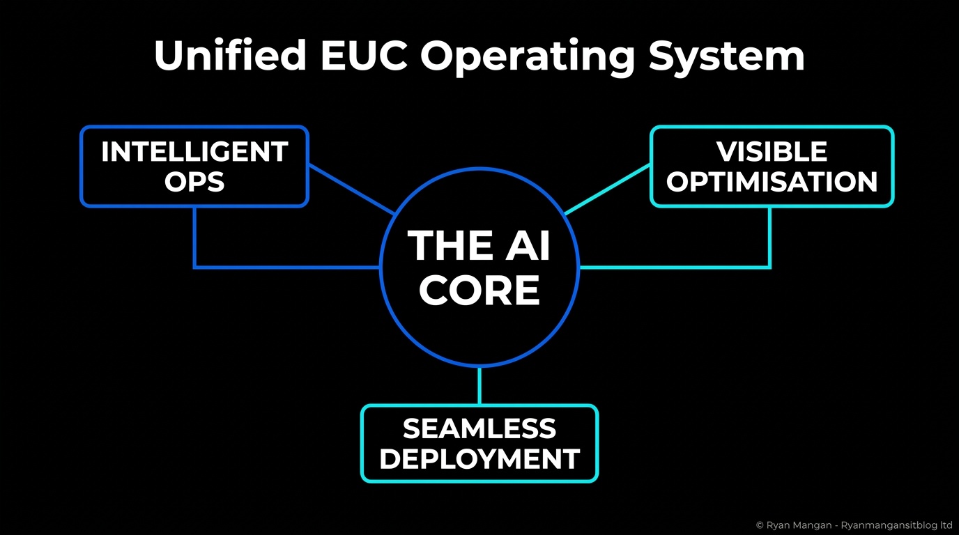 Architecture diagram showing proactive EUC operations across packaging, delivery, and governance.