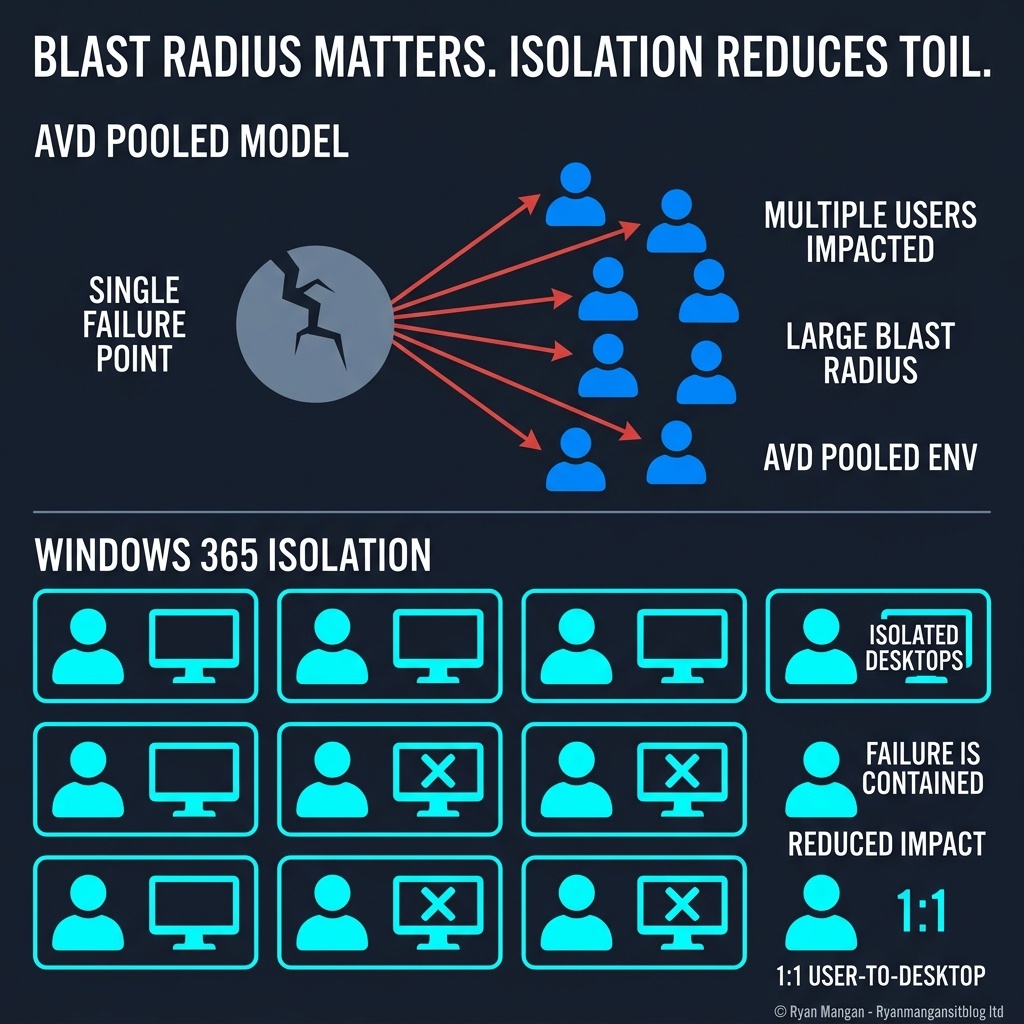 Infographic comparing pooled Azure Virtual Desktop blast radius with dedicated Windows 365 Cloud PCs.