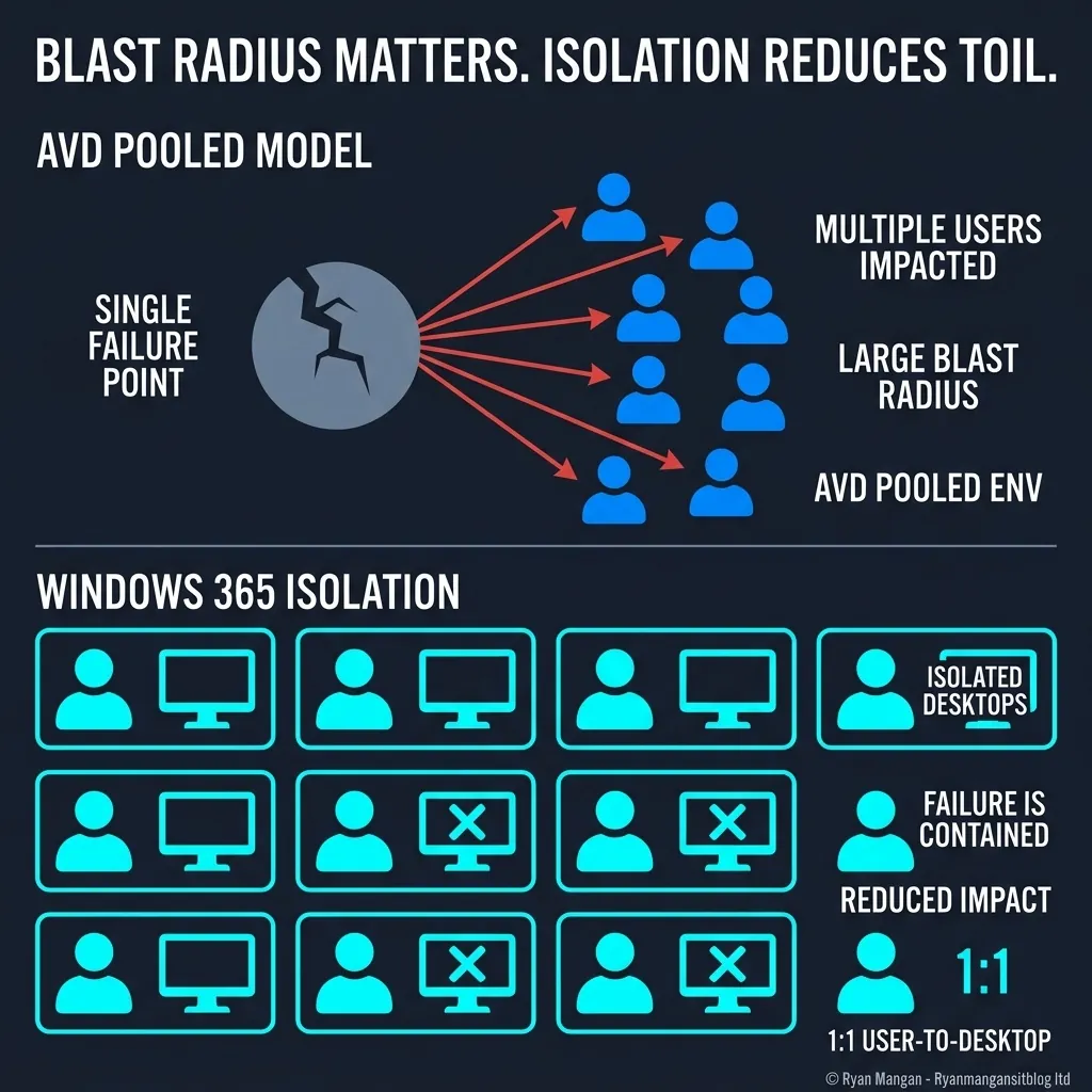 Infographic comparing pooled Azure Virtual Desktop blast radius with dedicated Windows 365 Cloud PCs.