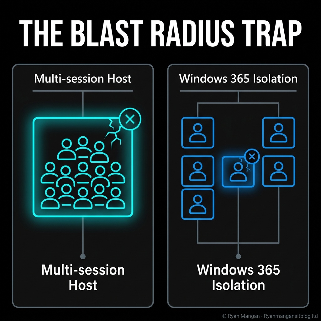 Infographic comparing shared-session density risk with dedicated Cloud PC isolation.