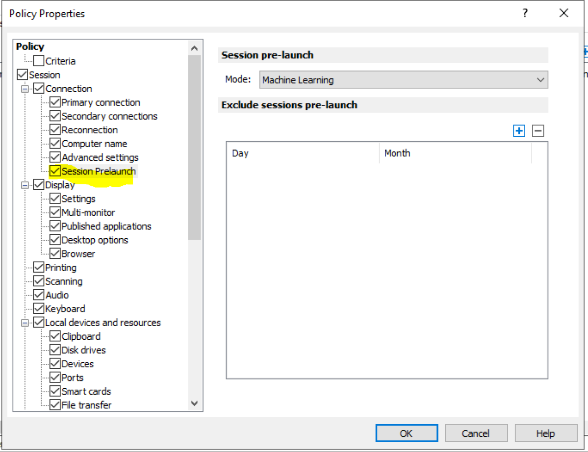 Session prelaunch settings